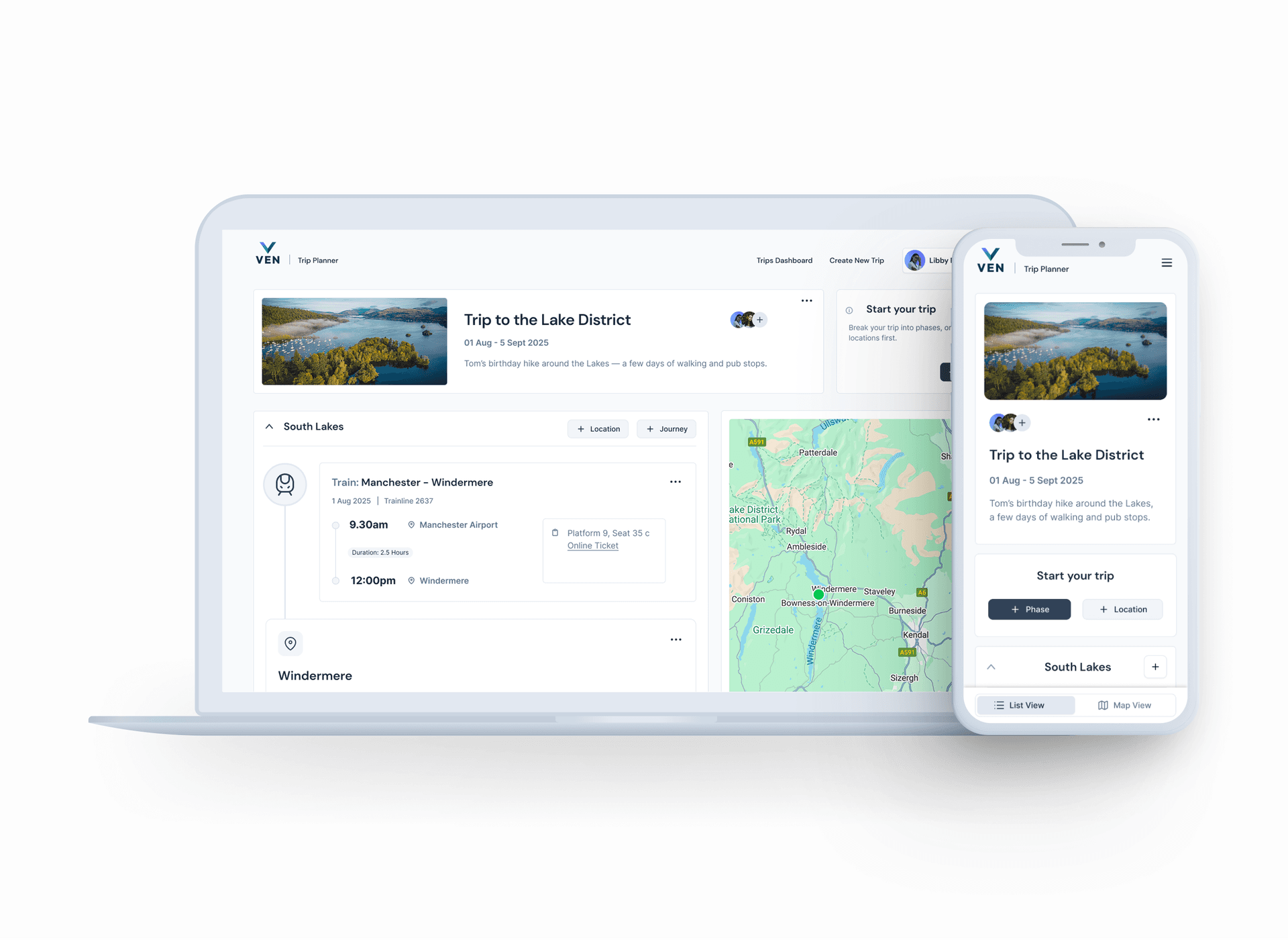 Ven Trip Planner app interface